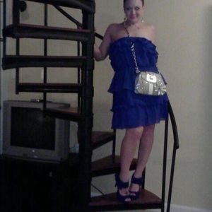 Cobalt blue layered ruffle strapless/tube dress elastic waist lined